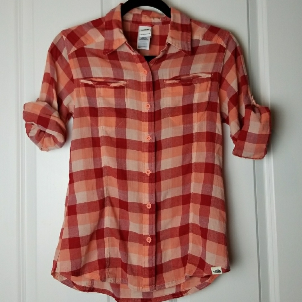 North Face orange and red plaid button down
